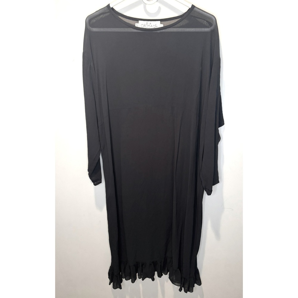 Vintage Cachaca Black Rayon Ruffle Hem Midi Dress Sheer Mesh Yoke Made in USA 1X